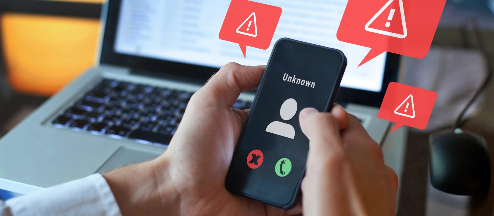A hand holding a phone showing an unknown caller, with scam-warning icons.